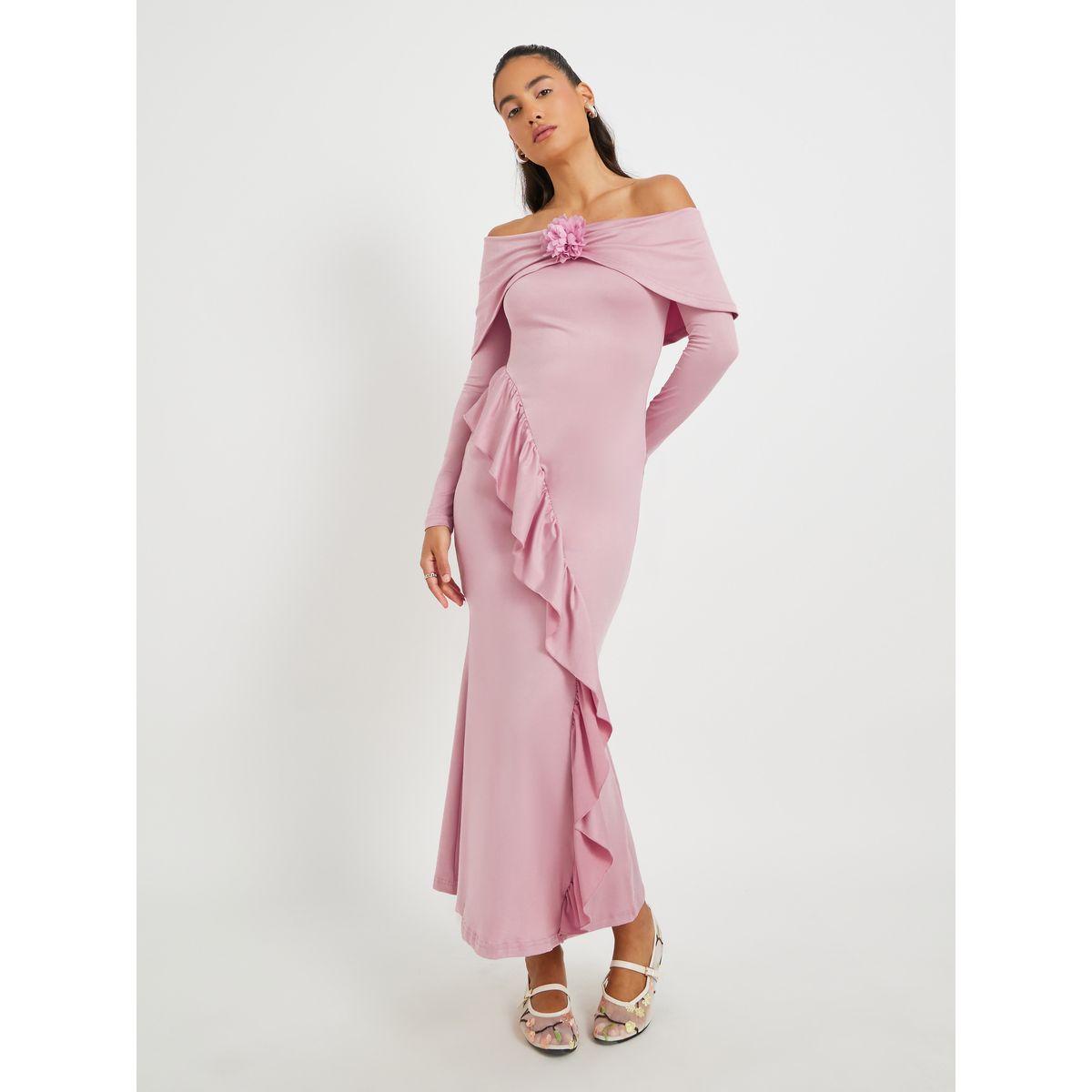 Styli Solid Off Shoulder Mermaid Maxi Dress with Corsage Detail-women-clothing-dresses-image-1