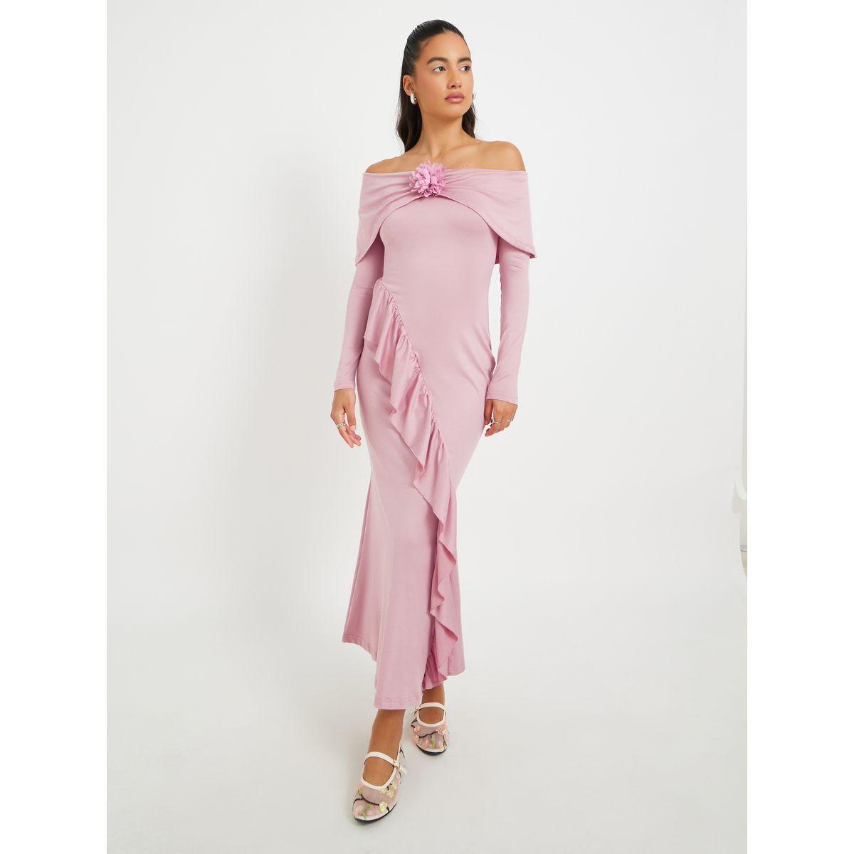 Styli Solid Off Shoulder Mermaid Maxi Dress with Corsage Detail-women-clothing-dresses-image-2