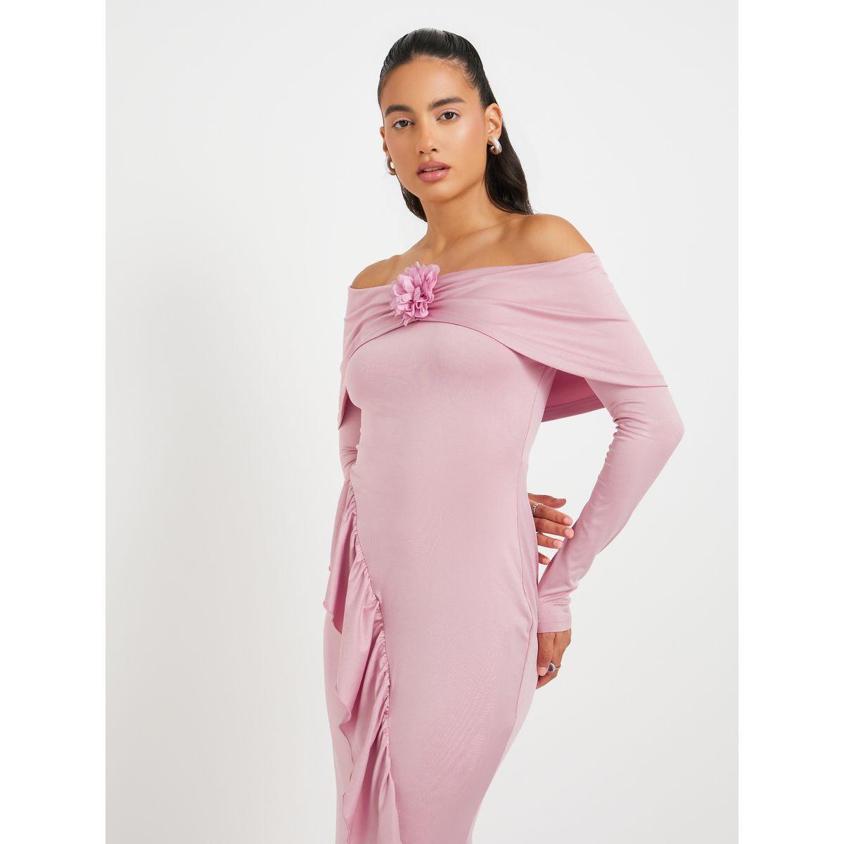 Styli Solid Off Shoulder Mermaid Maxi Dress with Corsage Detail-women-clothing-dresses-image-3