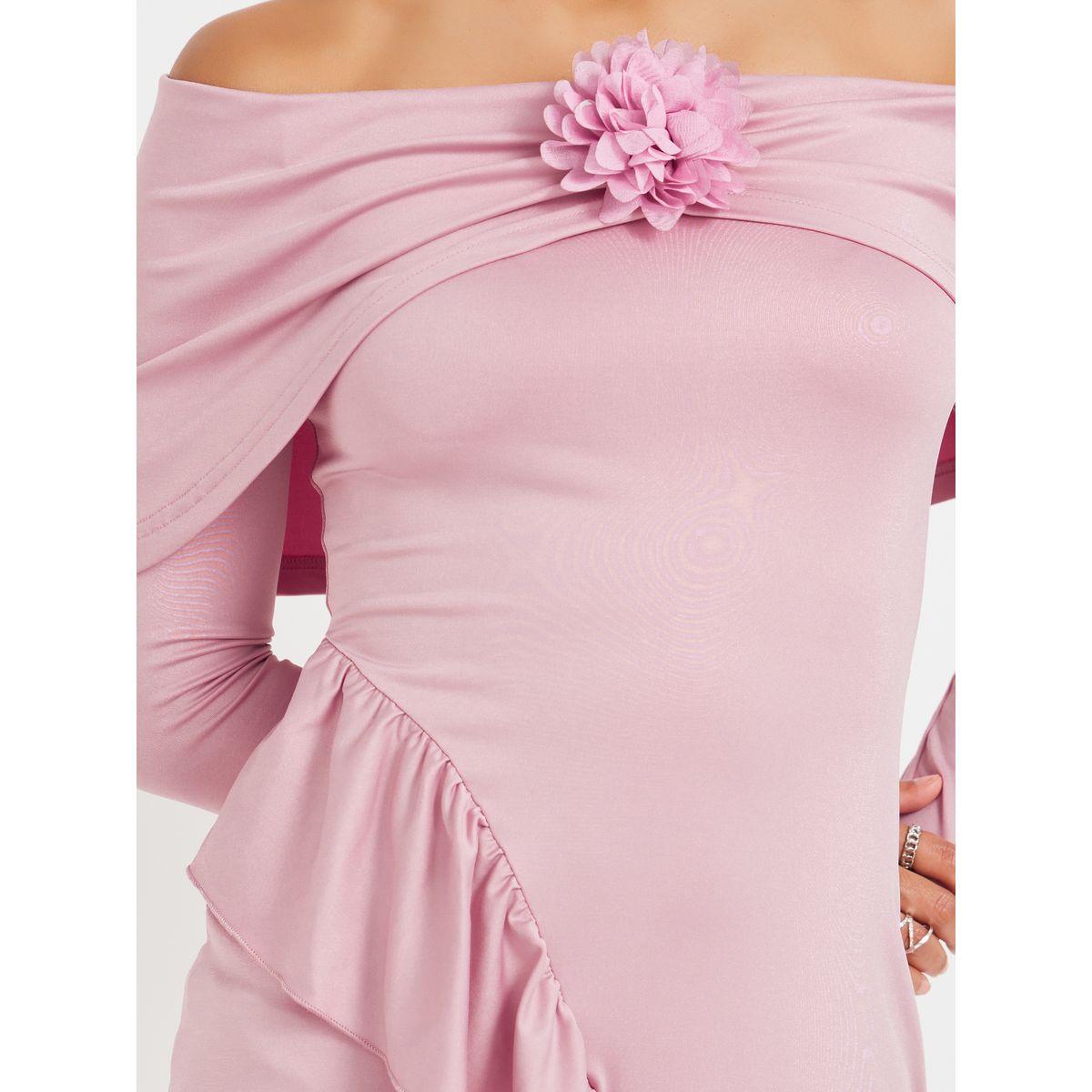 Styli Solid Off Shoulder Mermaid Maxi Dress with Corsage Detail-women-clothing-dresses-image-4