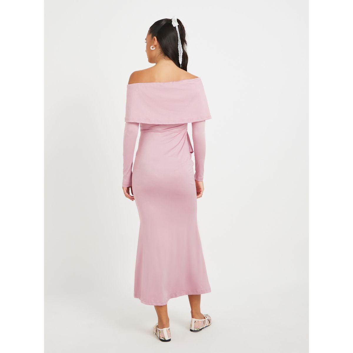 Styli Solid Off Shoulder Mermaid Maxi Dress with Corsage Detail-women-clothing-dresses-image-5