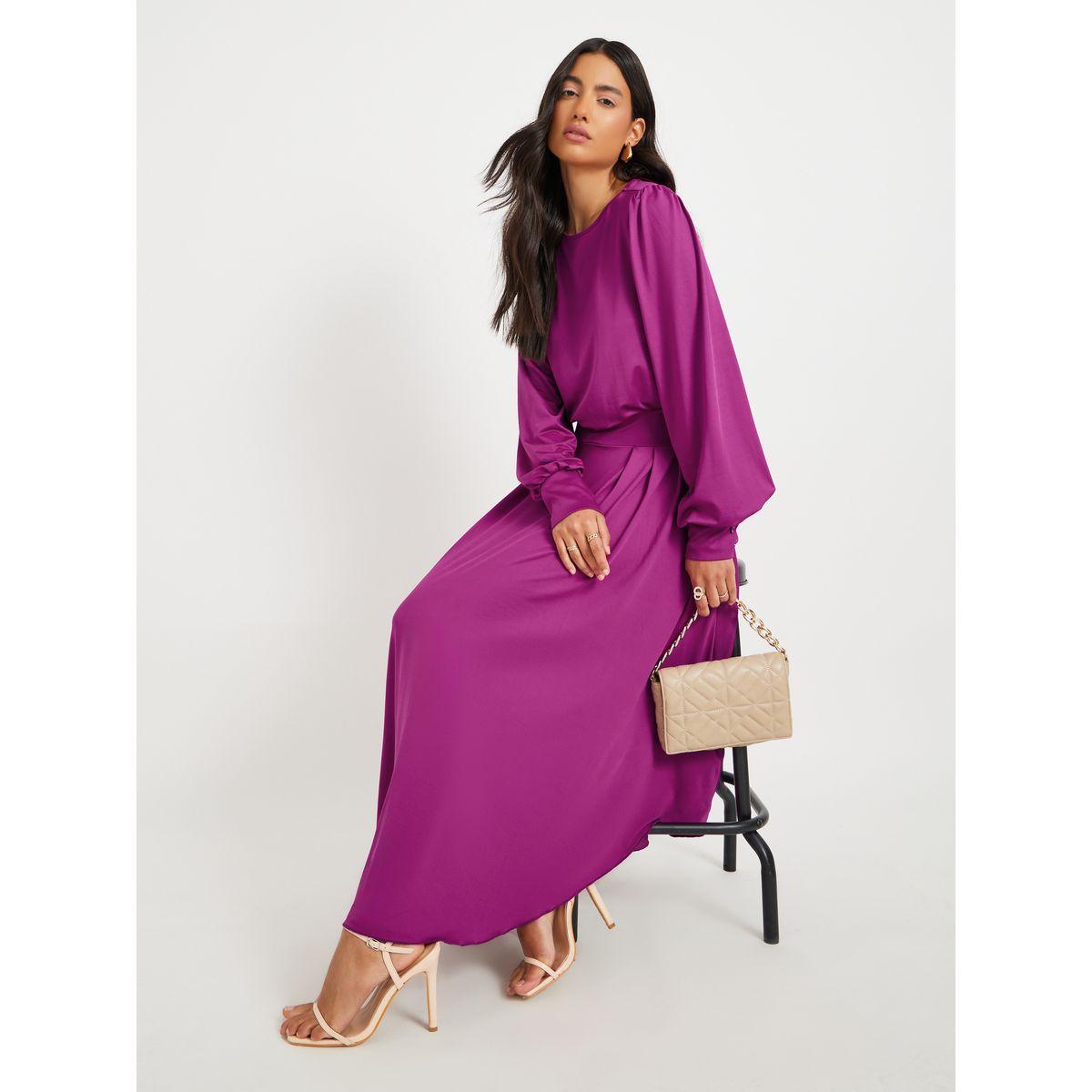 Styli Women Purple Solid Pleated Asymmetric Hem A-Line Midi Dress-women-clothing-dresses-image-1