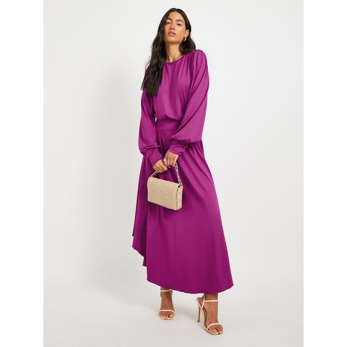 Styli Women Purple Solid Pleated Asymmetric Hem A-Line Midi Dress-women-clothing-dresses-image-2