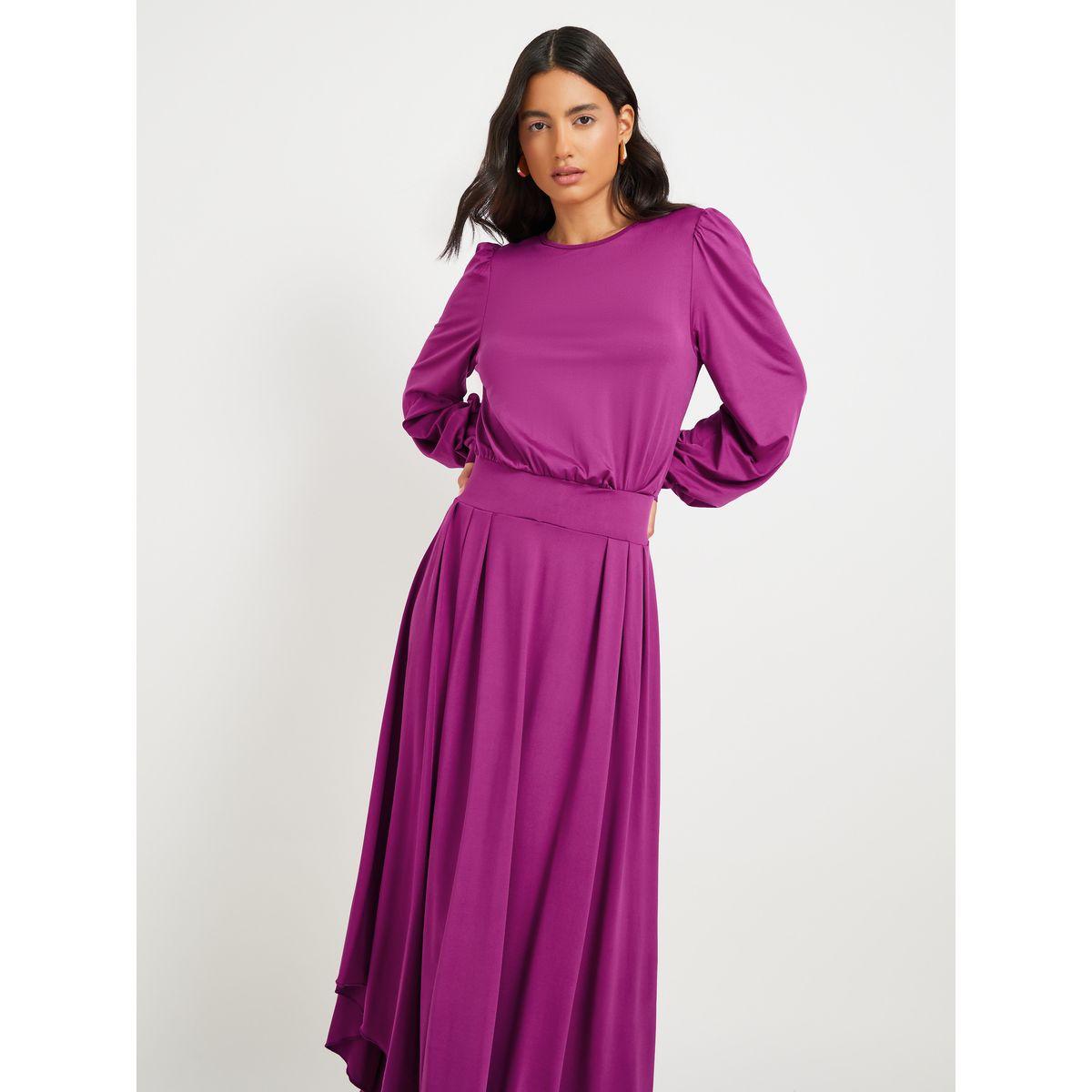 Styli Women Purple Solid Pleated Asymmetric Hem A-Line Midi Dress-women-clothing-dresses-image-3