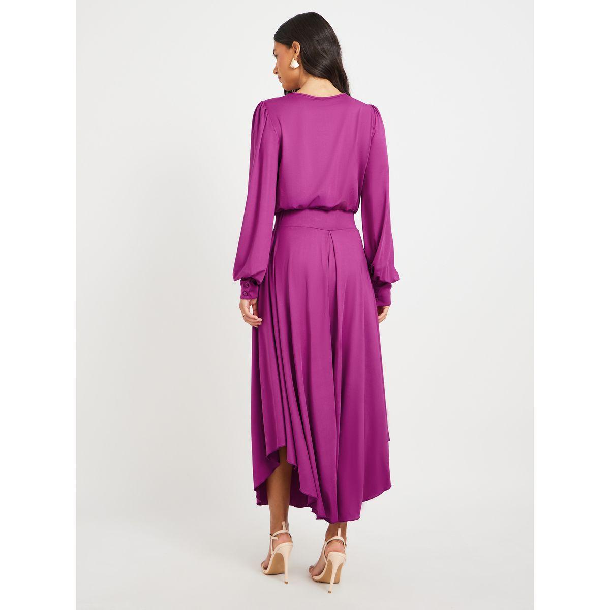 Styli Women Purple Solid Pleated Asymmetric Hem A-Line Midi Dress-women-clothing-dresses-image-5