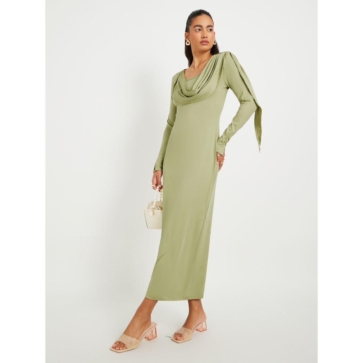 Styli Women Green Solid Long Sleeves Sheath Midi Dress with Gathered Overlay-women-clothing-dresses-image-1