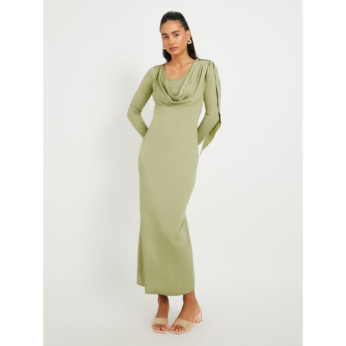 Styli Women Green Solid Long Sleeves Sheath Midi Dress with Gathered Overlay-women-clothing-dresses-image-2