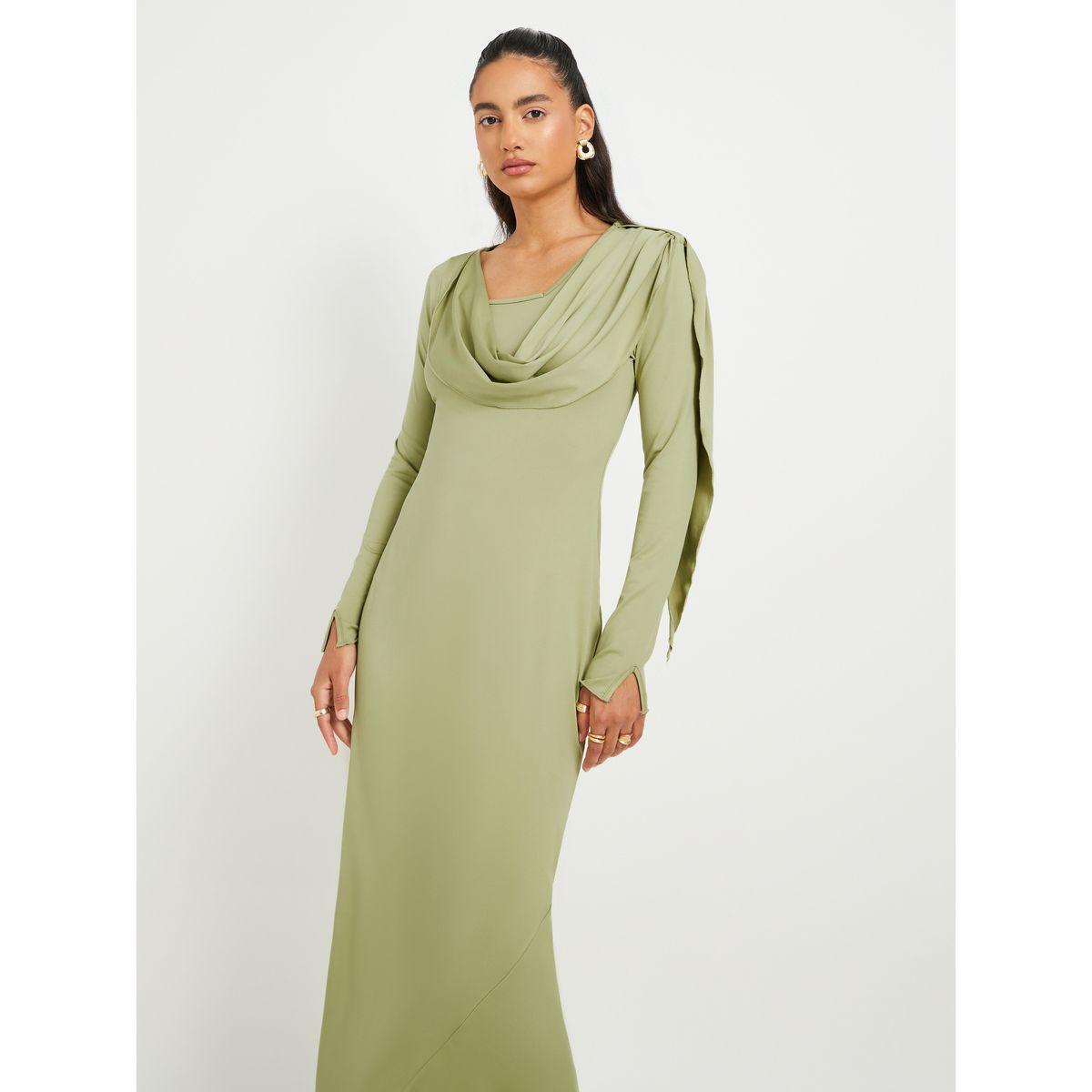 Styli Women Green Solid Long Sleeves Sheath Midi Dress with Gathered Overlay-women-clothing-dresses-image-3