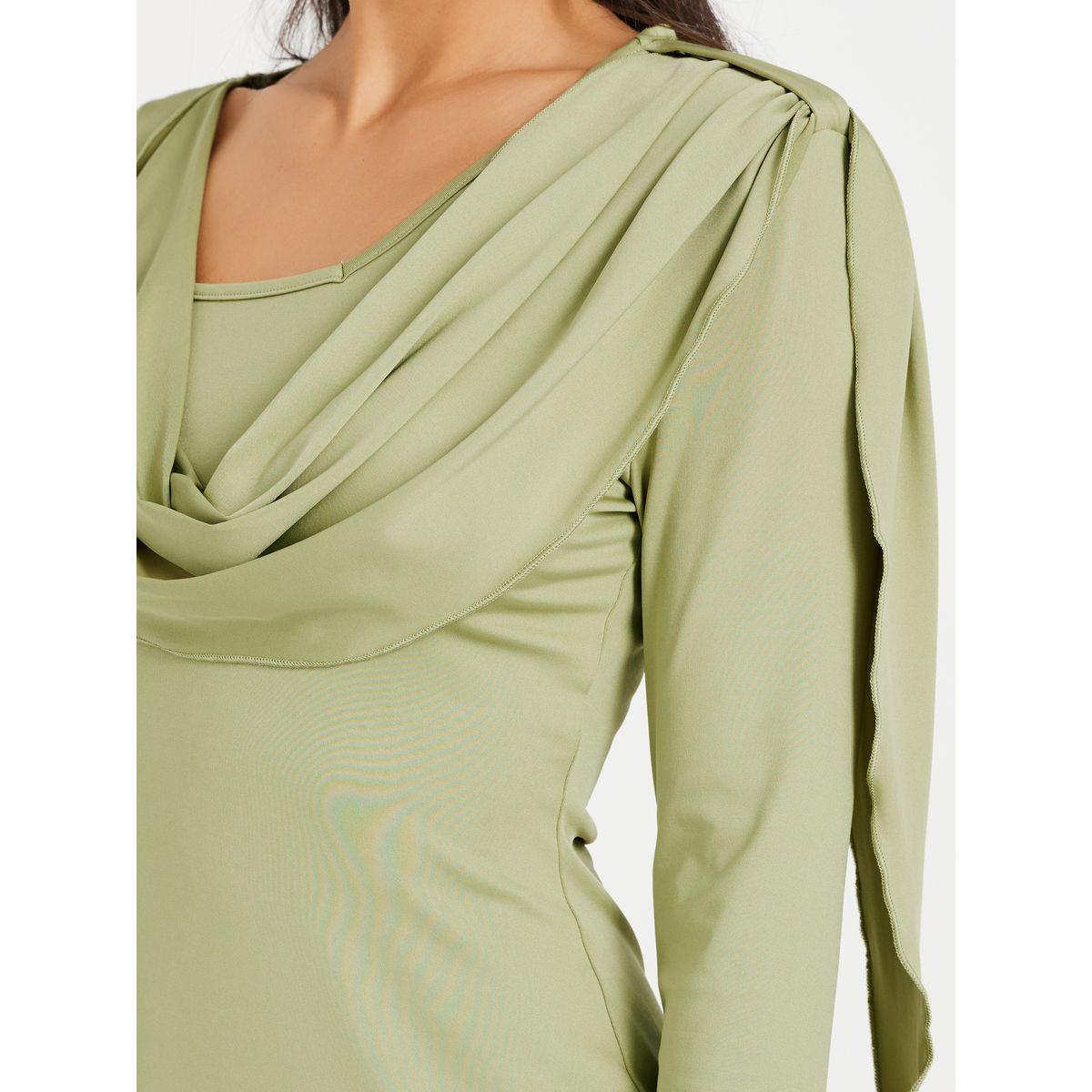 Styli Women Green Solid Long Sleeves Sheath Midi Dress with Gathered Overlay-women-clothing-dresses-image-4