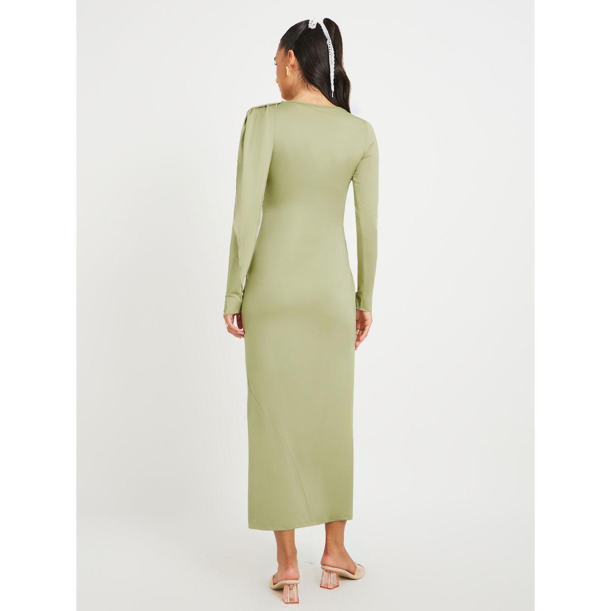 Styli Women Green Solid Long Sleeves Sheath Midi Dress with Gathered Overlay-women-clothing-dresses-image-5
