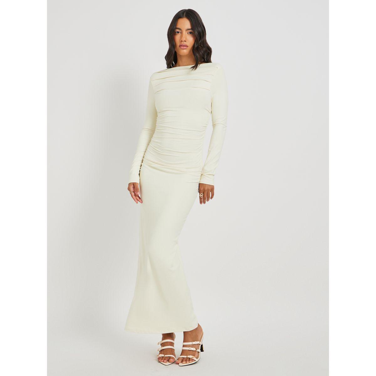 فستان طويل سادة بتفاصيل مزمومة وياقة بنمط قارب-women-clothing-dresses-image-1