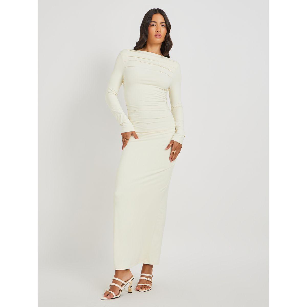 فستان طويل سادة بتفاصيل مزمومة وياقة بنمط قارب-women-clothing-dresses-image-2