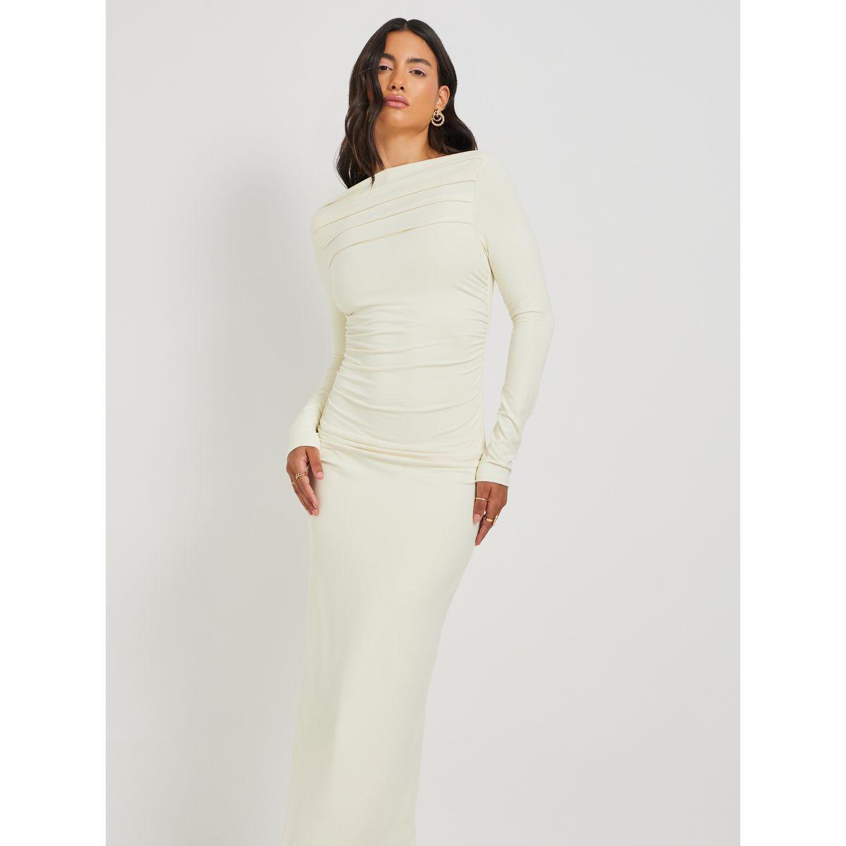 فستان طويل سادة بتفاصيل مزمومة وياقة بنمط قارب-women-clothing-dresses-image-3