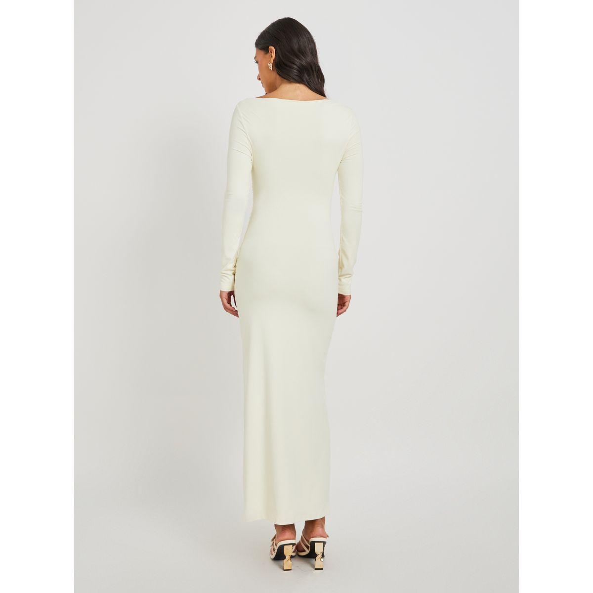 Styli Solid Ruched Boat Neck Sheath Maxi Dress-women-clothing-dresses-image-5