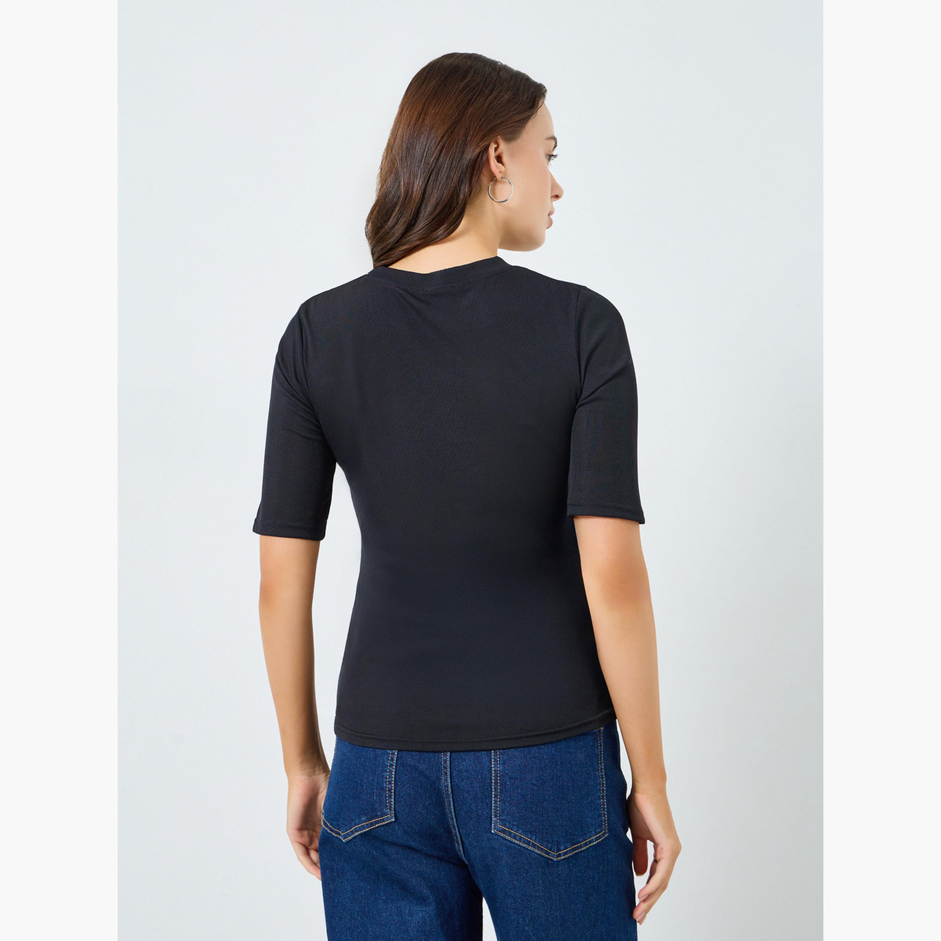 Styli Women Black Fitted Knit T-Shirt-women-clothing-tshirts-image-4