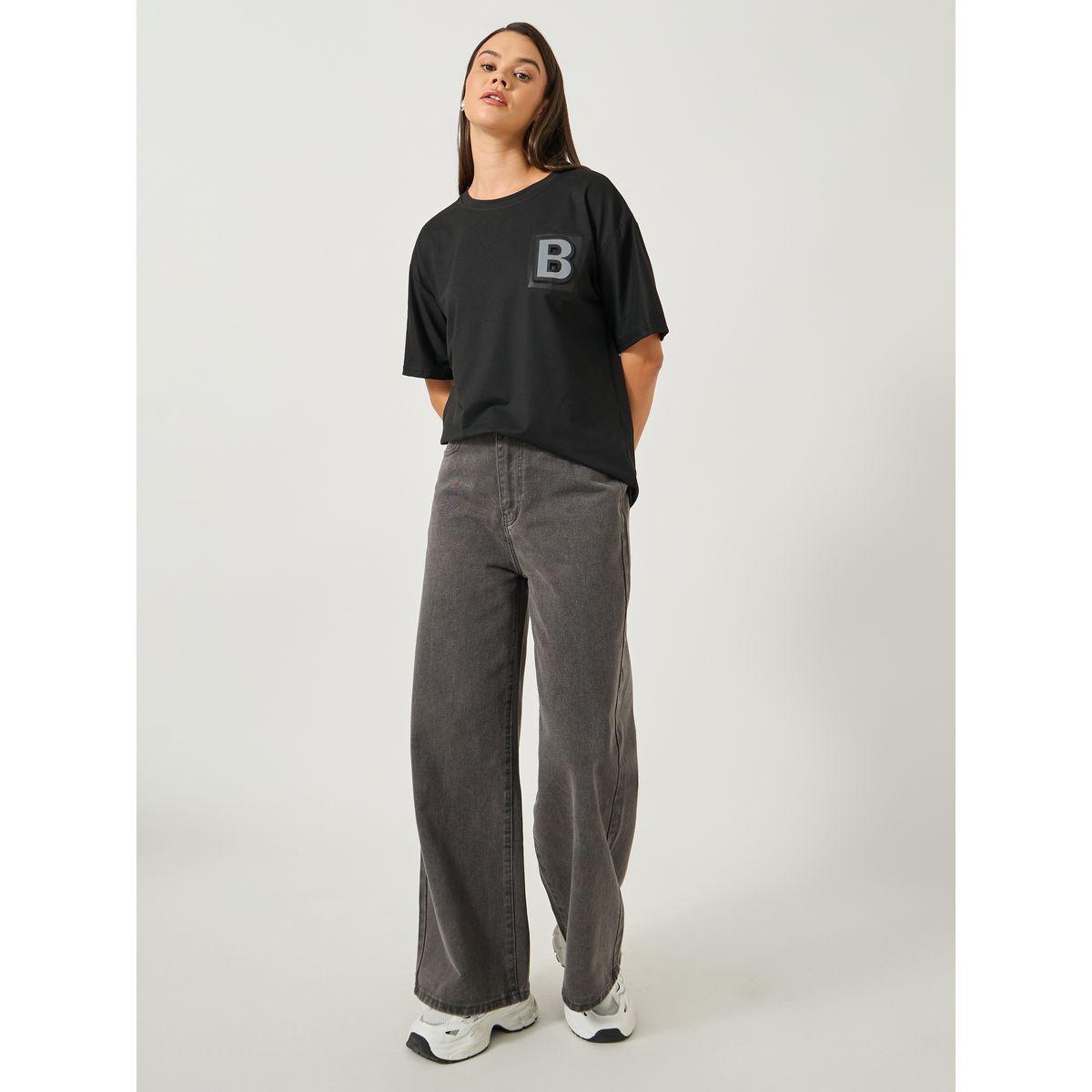 Styli Solid Round Neck T-Shirt with Badge Detail-women-clothing-tshirts-image-2