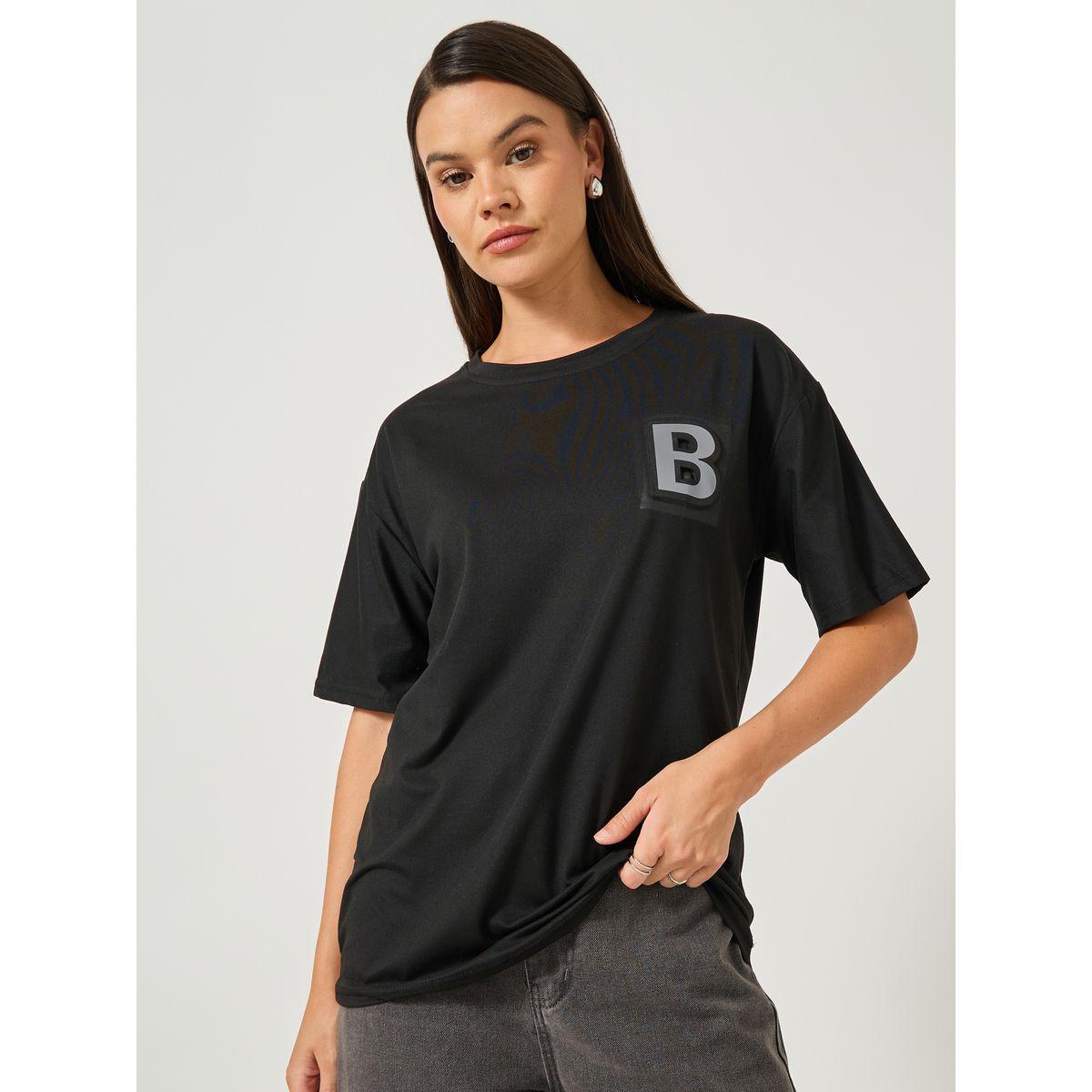Styli Solid Round Neck T-Shirt with Badge Detail-women-clothing-tshirts-image-3