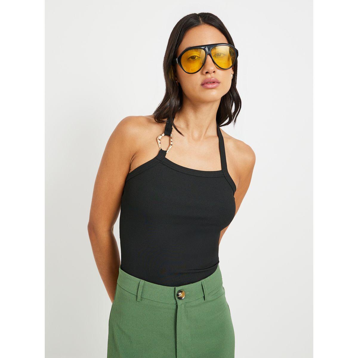 Styli Solid Halter Neck Top with Buckle Detail-women-clothing-shirtsandblouses-blouses-image-1