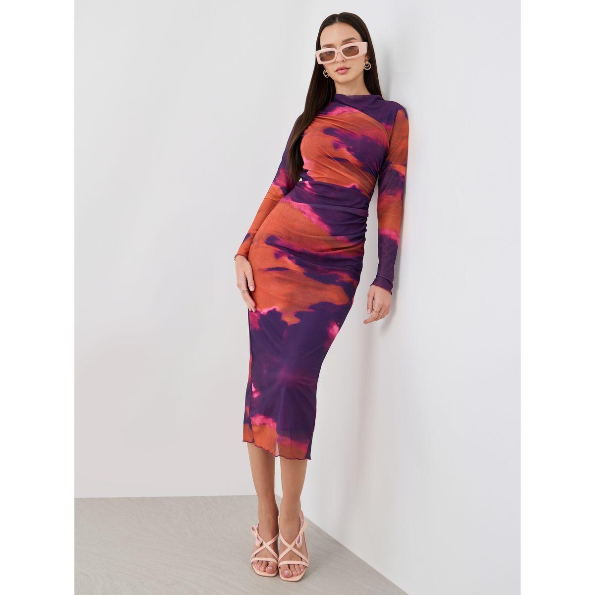 فستان ميدي بديكون بطبعة تاي داي وخصر مزموم-women-clothing-dresses-image-1