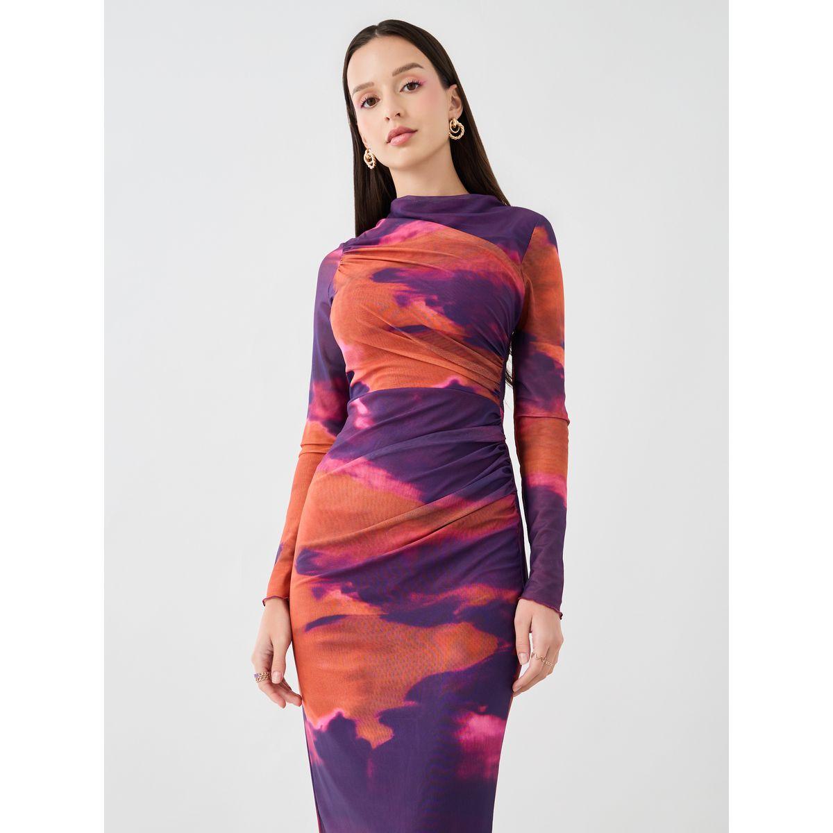 فستان ميدي بديكون بطبعة تاي داي وخصر مزموم-women-clothing-dresses-image-2