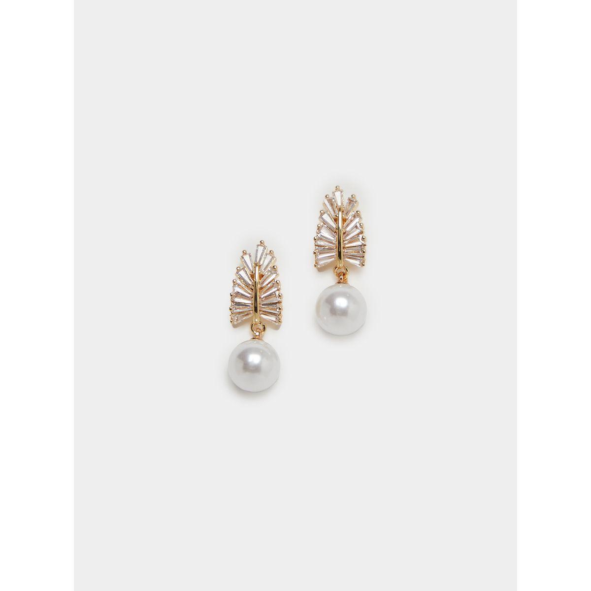 Styli Faux Pearl Drop Leaf Dangle Earrings-women-watchesandjewellery-jewellery-earrings-image-1