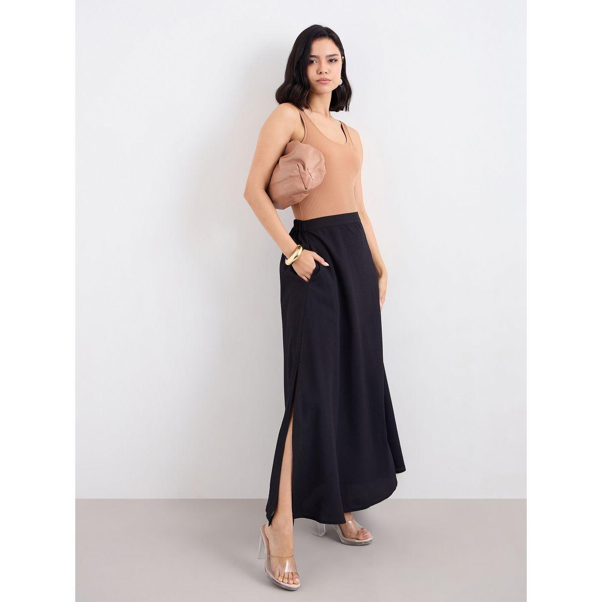 تنورة طويلة سادة مزينة بشق جانبي-women-clothing-bottoms-skirts-image-1