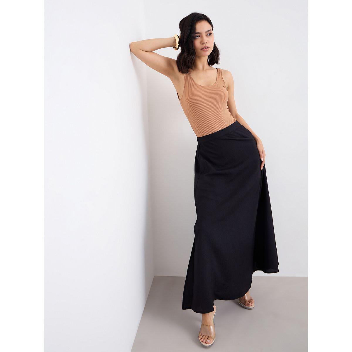 تنورة طويلة سادة مزينة بشق جانبي-women-clothing-bottoms-skirts-image-5