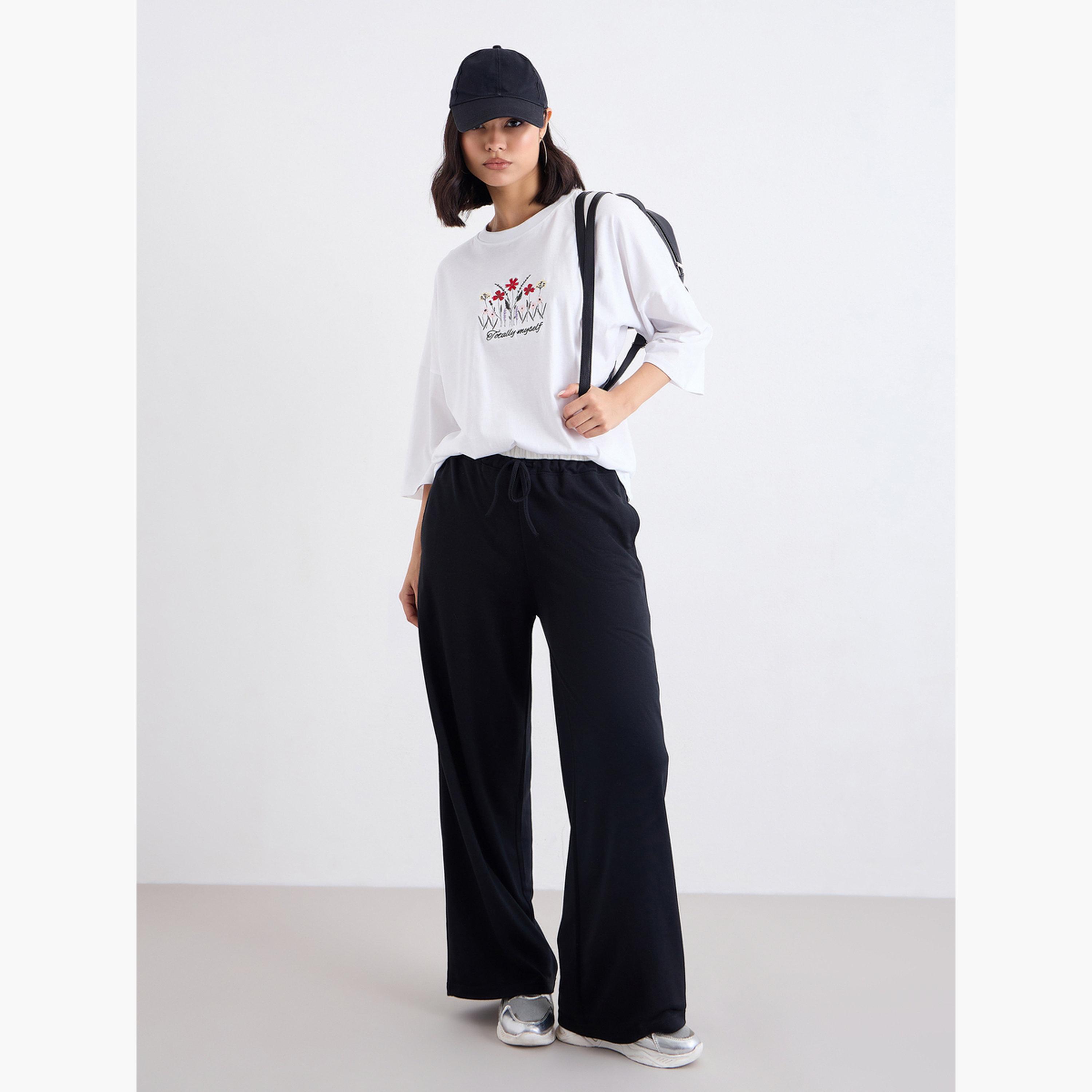 Styli Black Wide Leg Joggers with Drawstring-women-clothing-bottoms-joggers-image-2