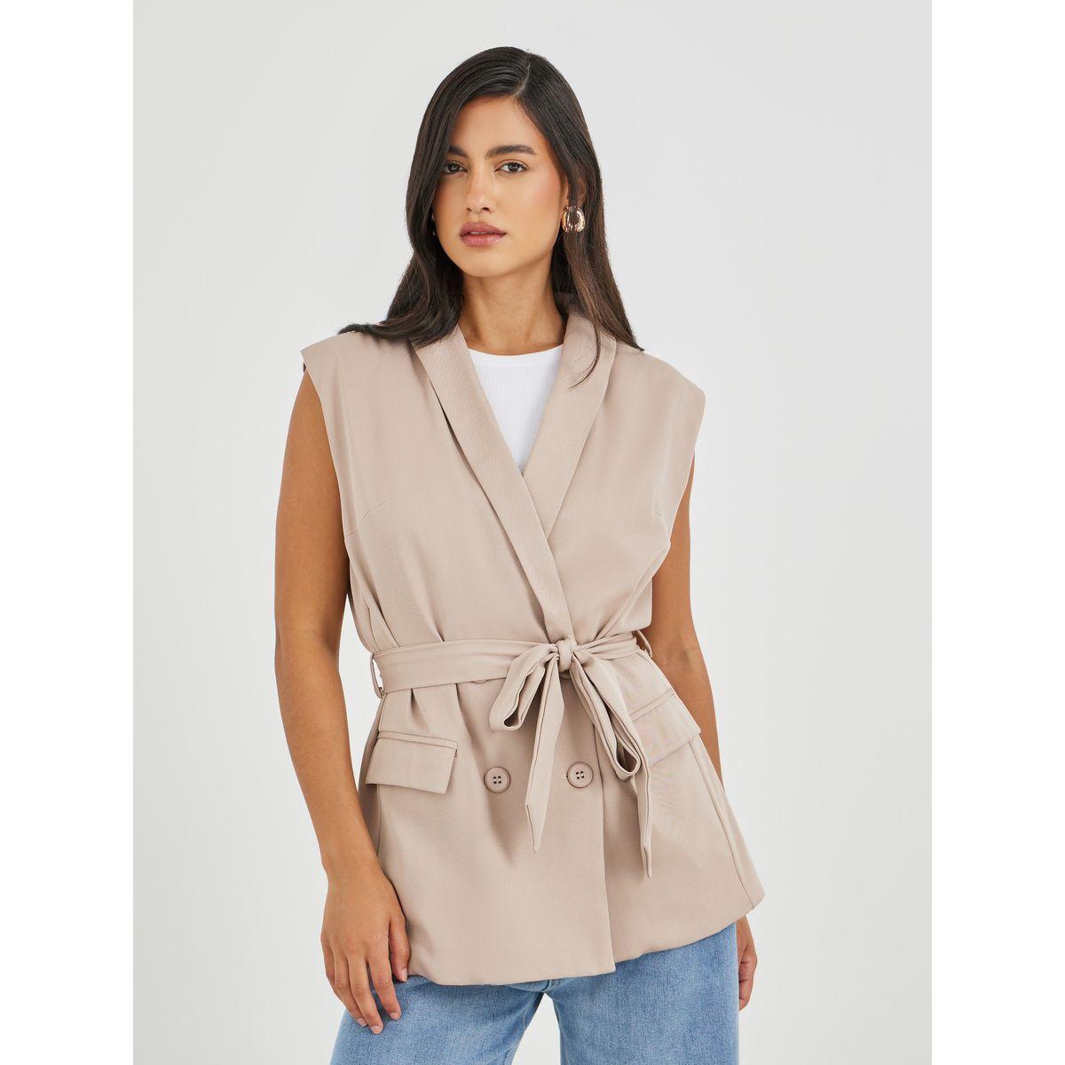 Styli Solid Regular Length Regular Fit Sleeveless Belted Blazer-women-clothing-coatsandjackets-blazers-image-1