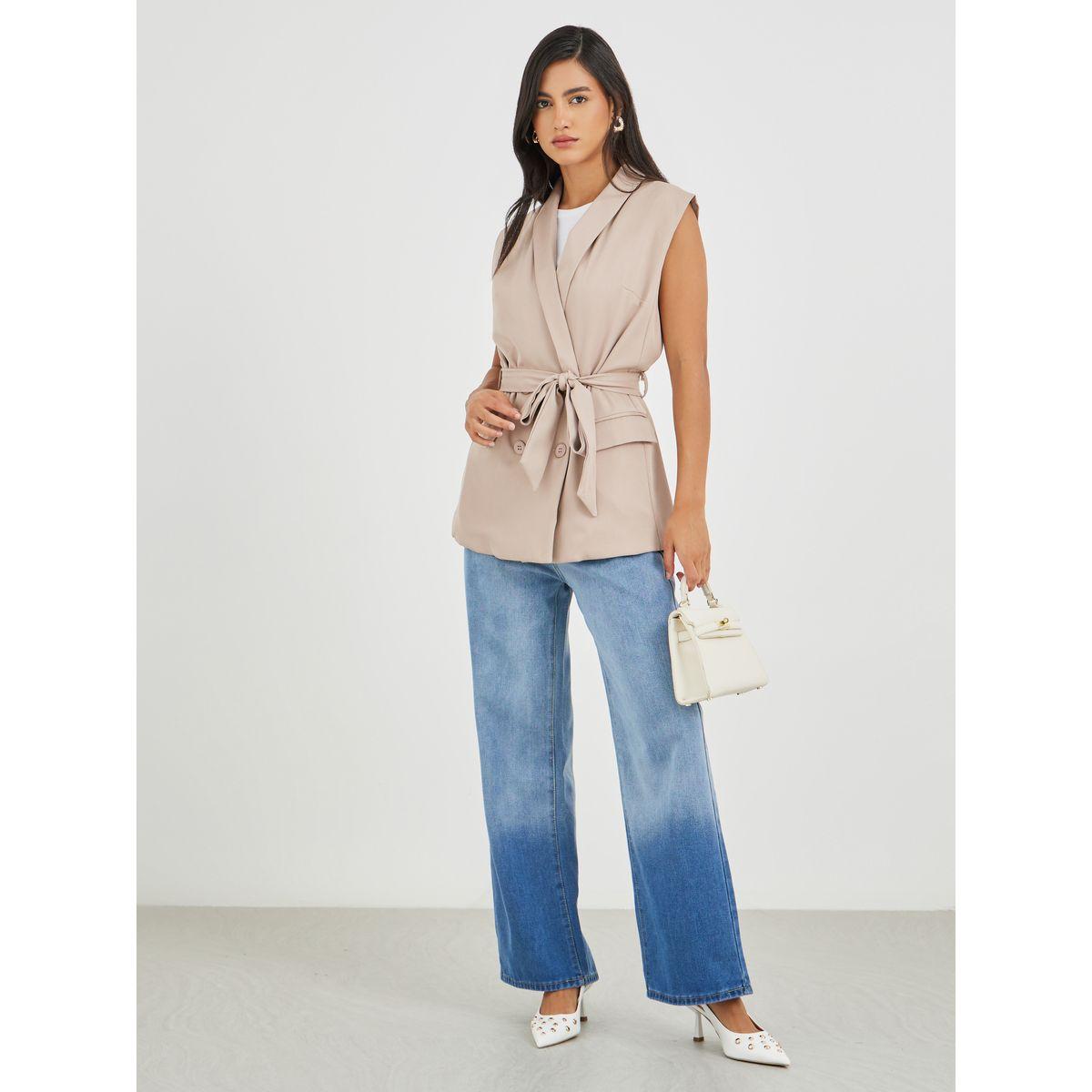 Styli Solid Regular Length Regular Fit Sleeveless Belted Blazer-women-clothing-coatsandjackets-blazers-image-2