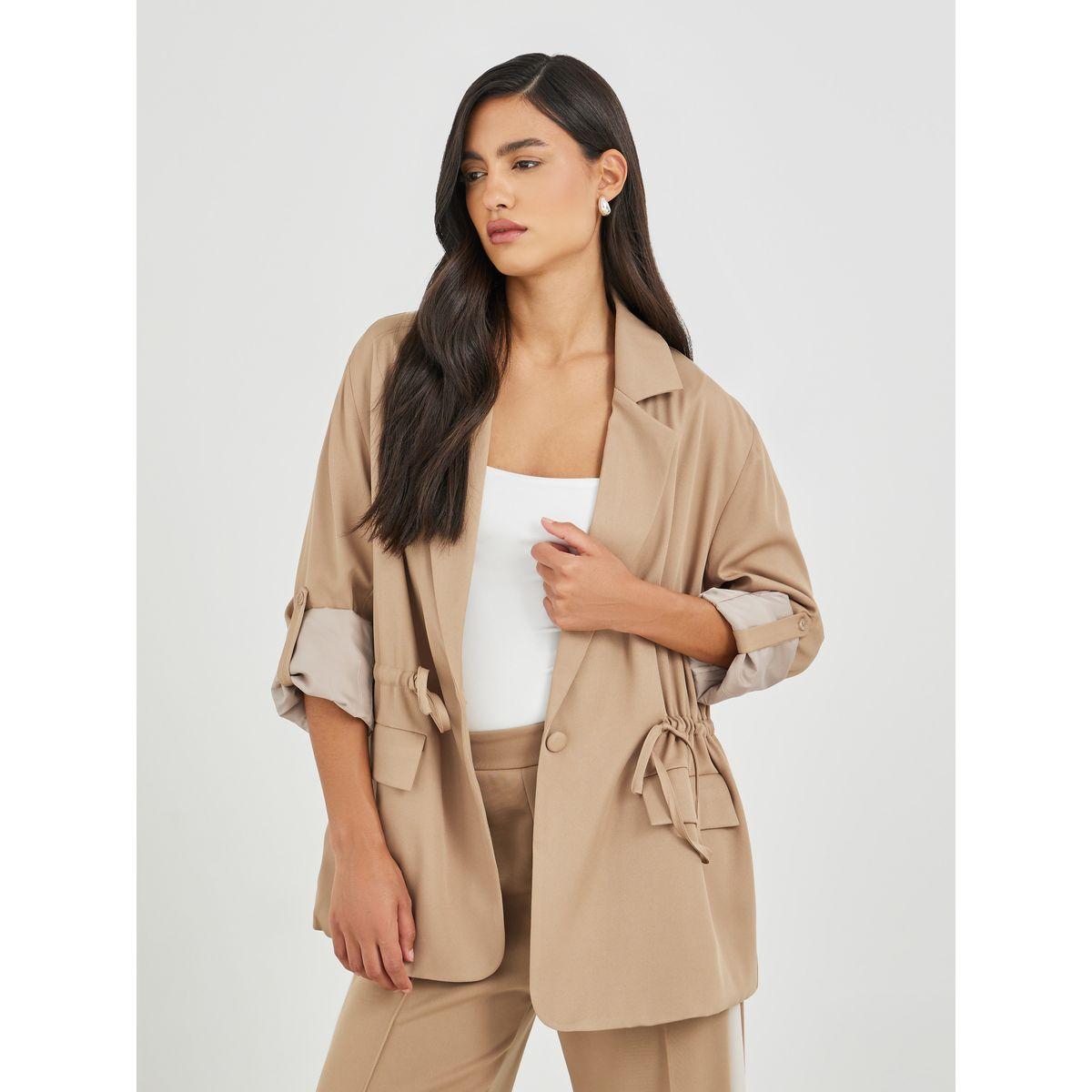 Styli Solid Regular Length Regular Fit Blazer with Drawcord-women-clothing-coatsandjackets-blazers-image-1