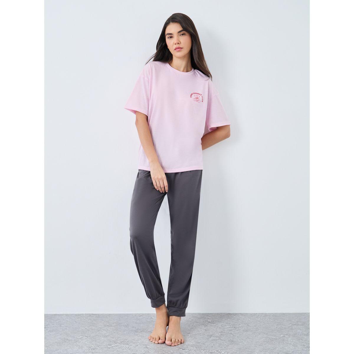 Styli Teddy Graphic Drop Shoulder T-Shirt and Pyjama Set-women-clothing-nightwear-pyjamas-longsets-image-1