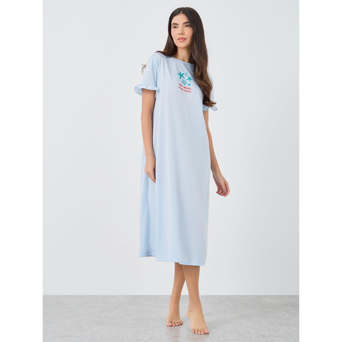 Styli Ruffle Sleeve Beach Print Sleep T-Shirt Dress-women-clothing-nightwear-nighties-image-1