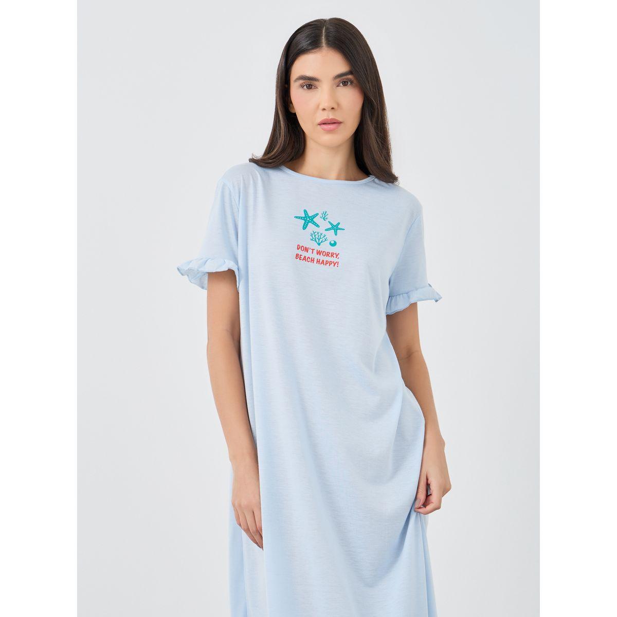 Styli Ruffle Sleeve Beach Print Sleep T-Shirt Dress-women-clothing-nightwear-nighties-image-2