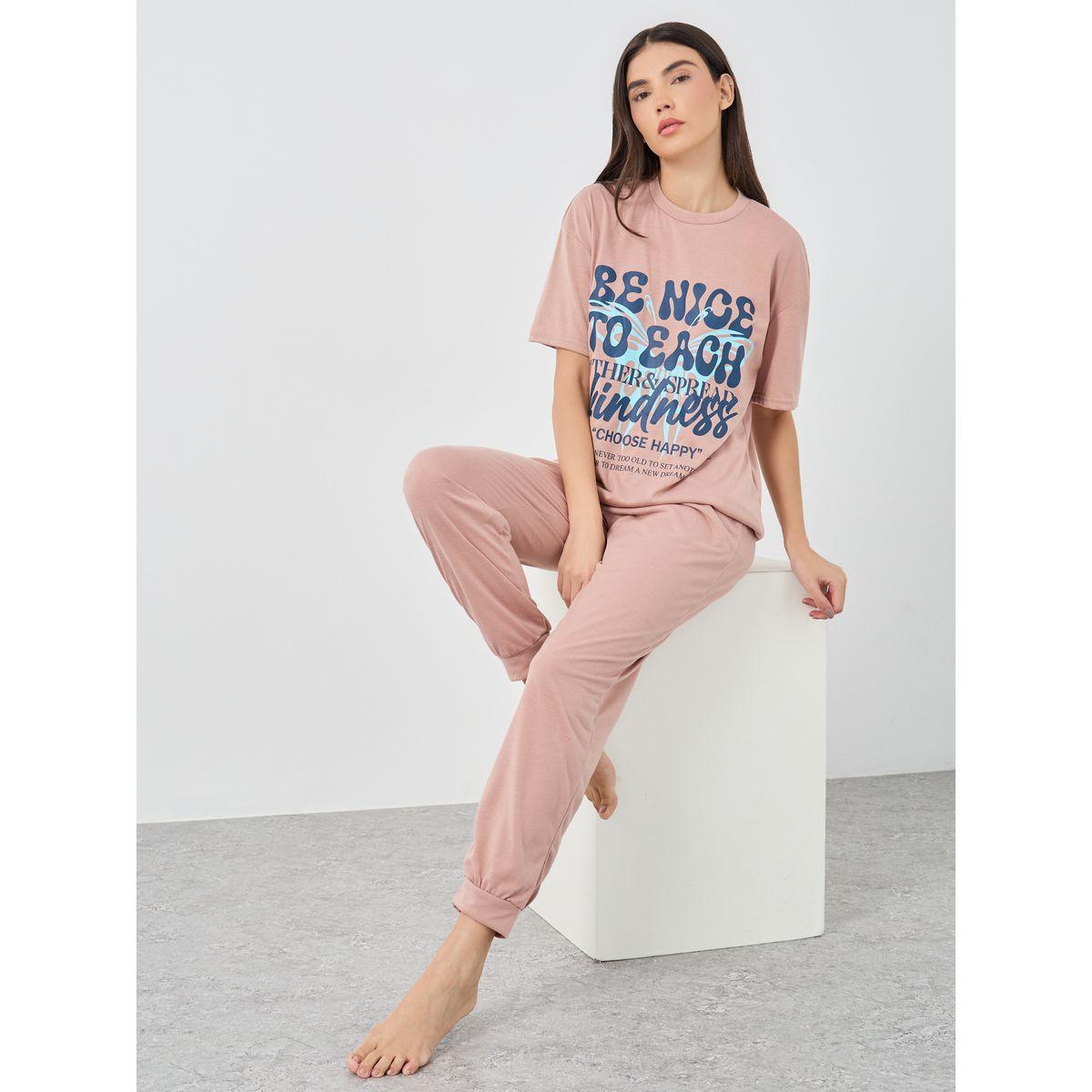 Styli Be Nice Graphic Dropped Shoulder T-Shirt and Cuffed Pyjama Set-women-clothing-nightwear-pyjamas-longsets-image-1