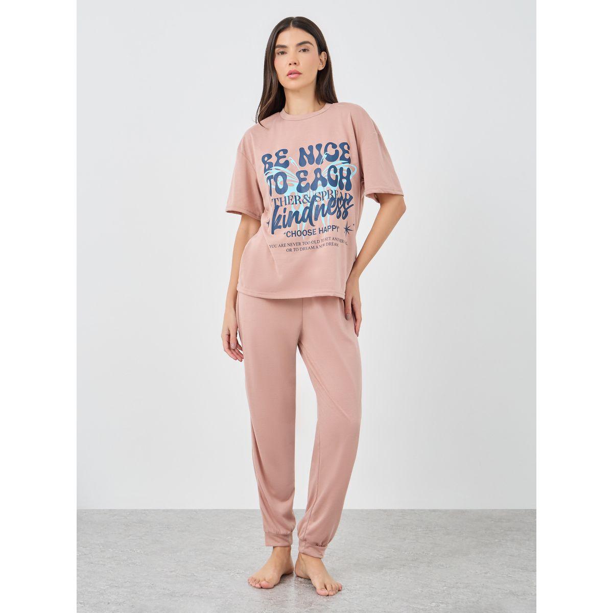 Styli Be Nice Graphic Dropped Shoulder T-Shirt and Cuffed Pyjama Set-women-clothing-nightwear-pyjamas-longsets-image-2