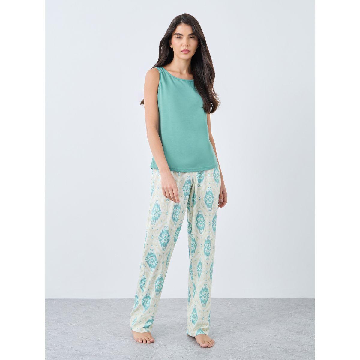 Styli Patch Detail Tank and Damask Print Pyjama Set-women-clothing-nightwear-pyjamas-longsets-image-2