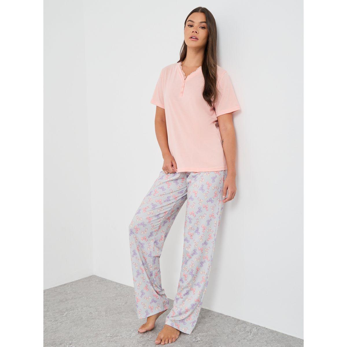 Styli Solid V-Neck Short Sleeve T-Shirt and Printed Pyjama Set-women-clothing-nightwear-pyjamas-longsets-image-1