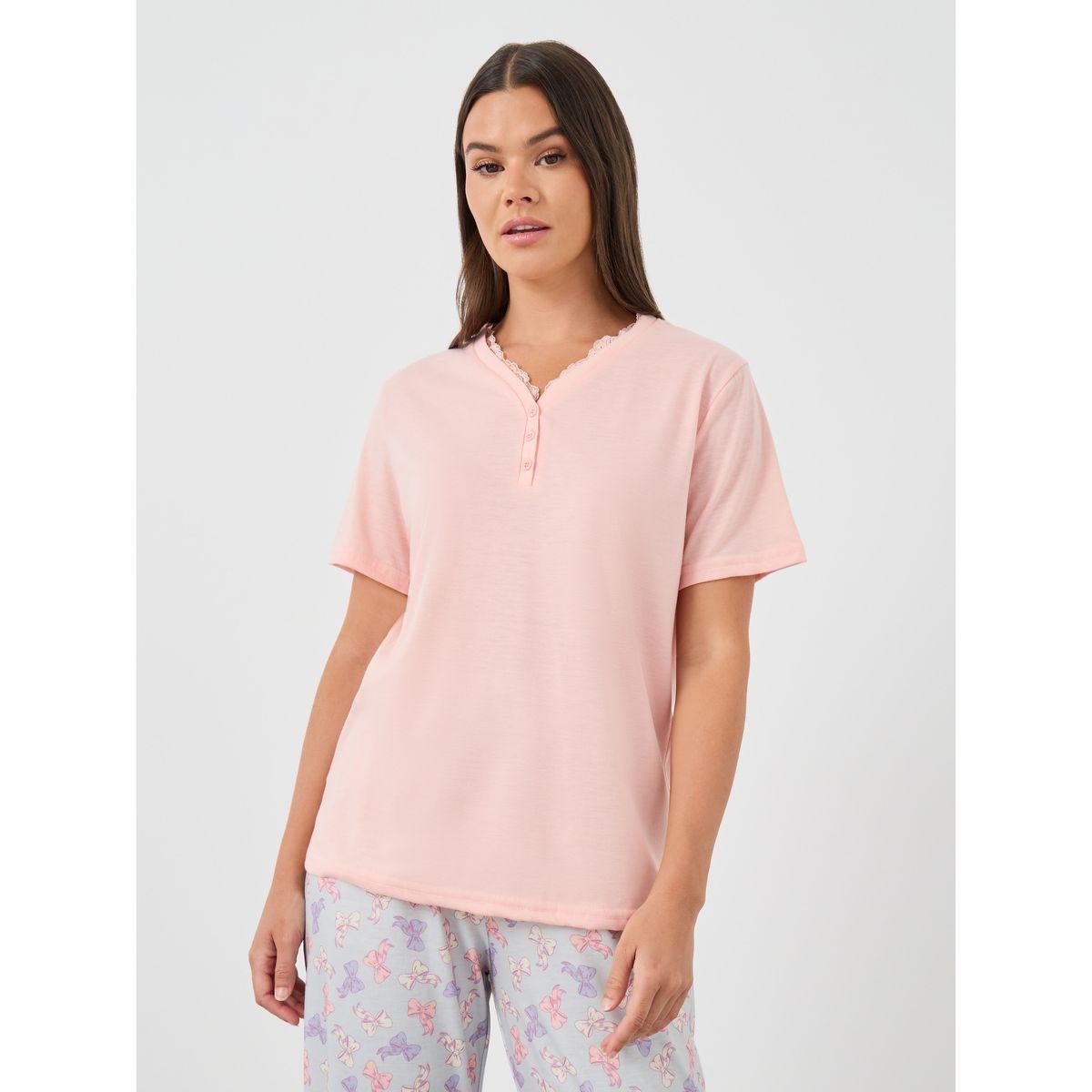 طقم بيجاما من بنطال وتيشيرت سادة بأكمام قصيرة-women-clothing-nightwear-pyjamas-longsets-image-2