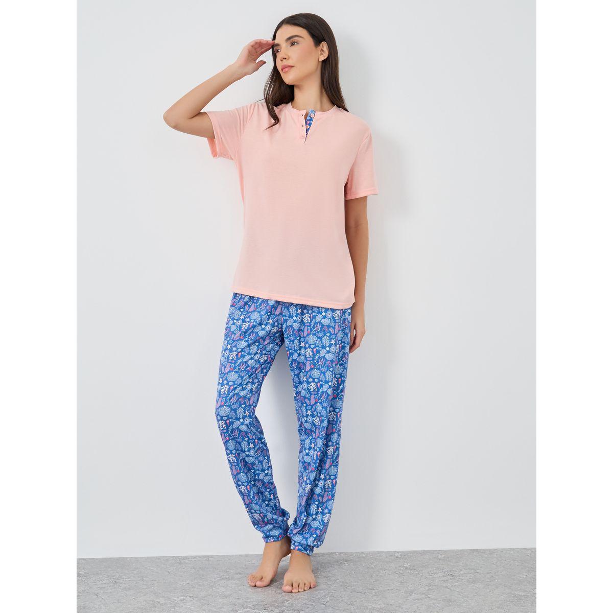 Styli Solid Short Sleeve T-Shirt and Pyjama Set-women-clothing-nightwear-pyjamas-longsets-image-1