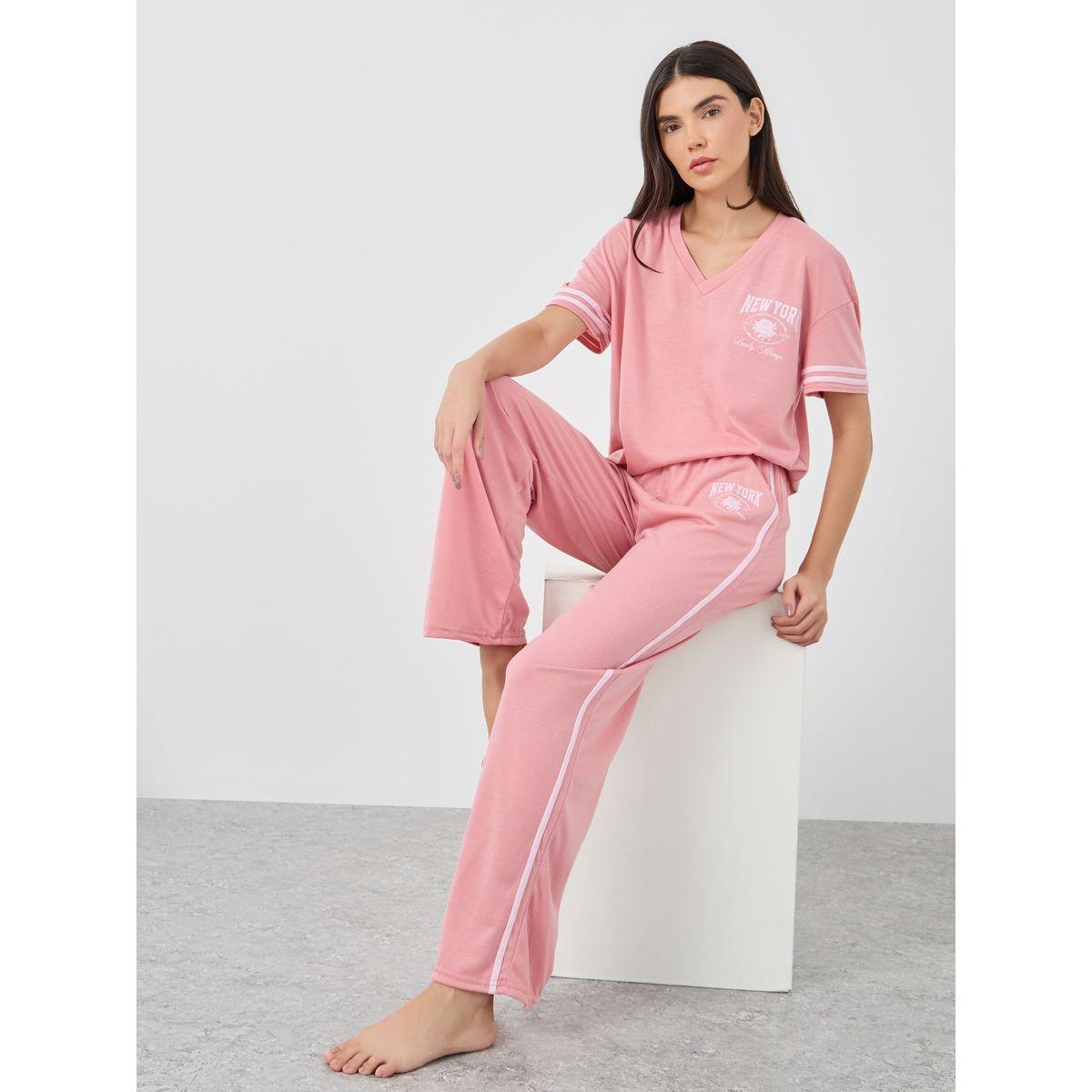 Styli New York Print Dropped Shoulder T-Shirt and Pyjama Set-women-clothing-nightwear-pyjamas-longsets-image-1