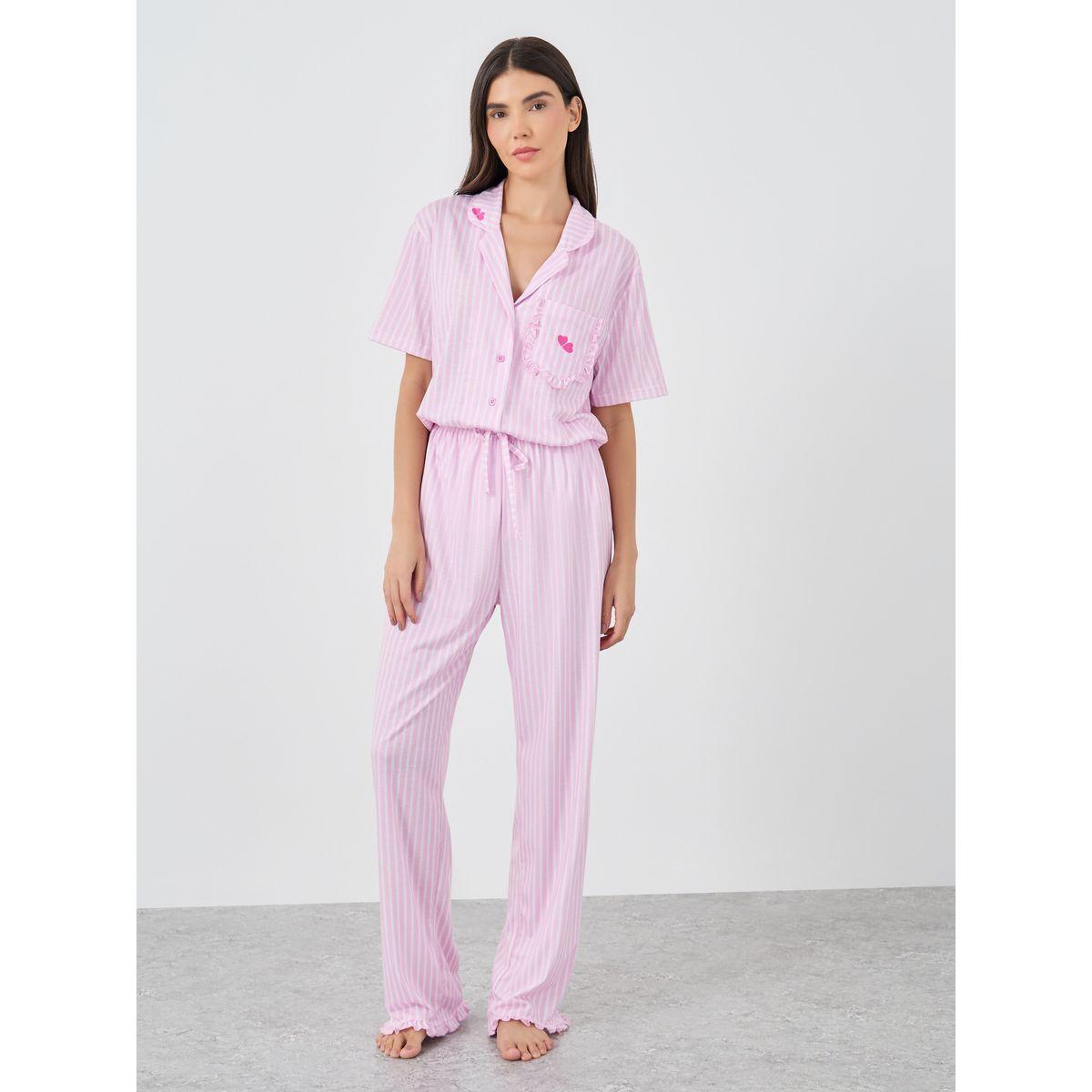 Styli Striped Heart Ruffle Pocket Shirt and Pyjama Set-women-clothing-nightwear-pyjamas-longsets-image-2