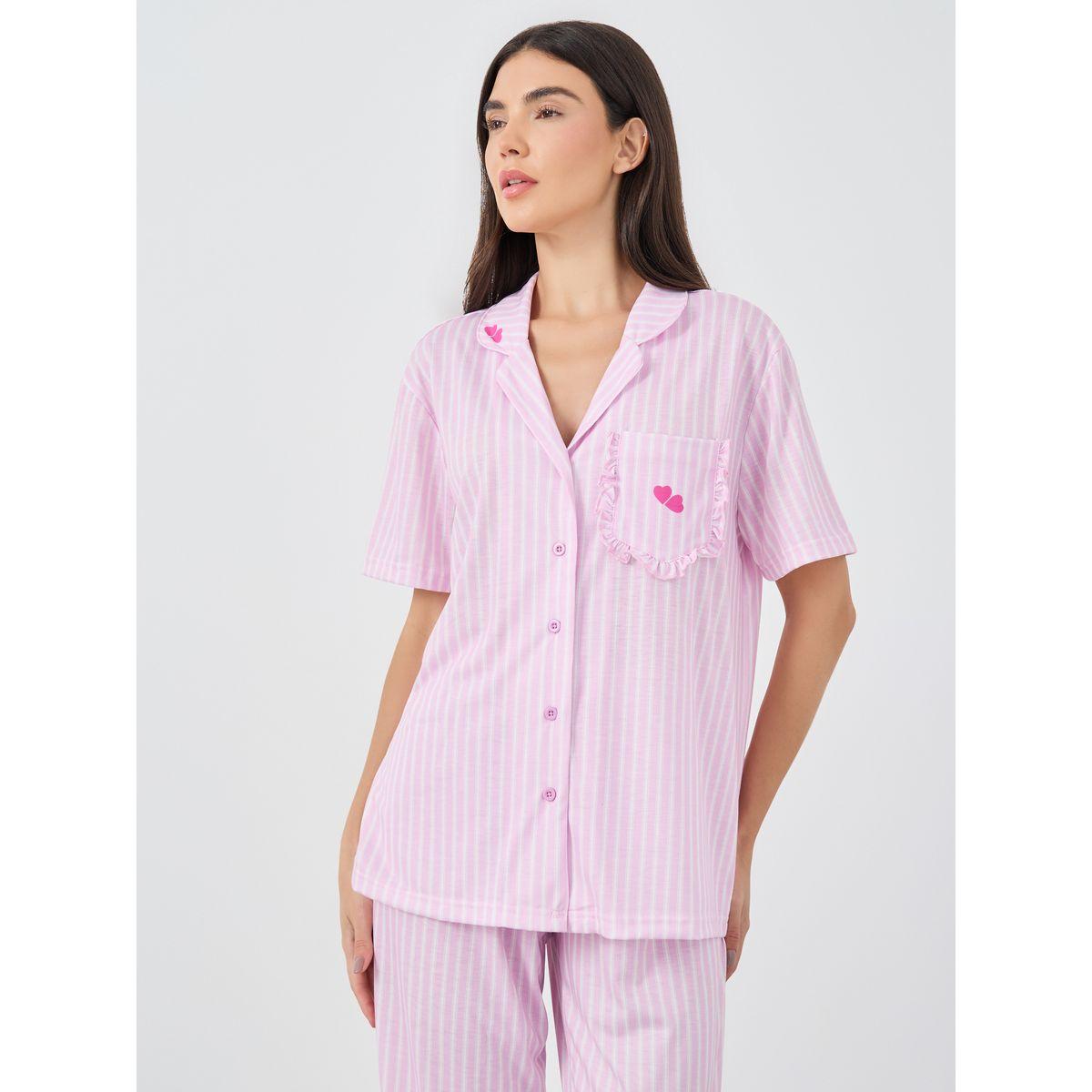 Styli Striped Heart Ruffle Pocket Shirt and Pyjama Set-women-clothing-nightwear-pyjamas-longsets-image-3
