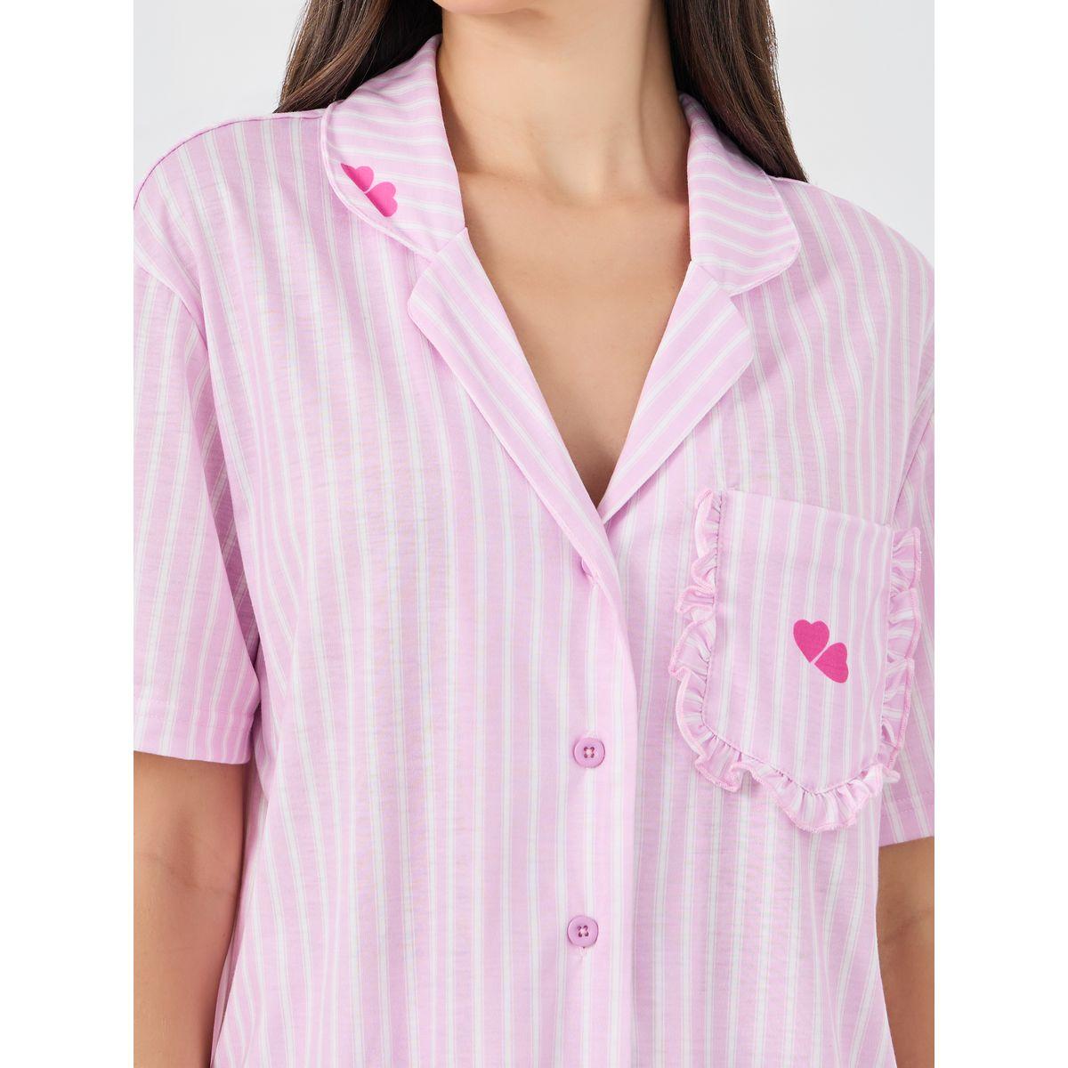 طقم من بنطال بيجاما وبلوزة مخططة بتفاصيل كشكش-women-clothing-nightwear-pyjamas-longsets-image-4