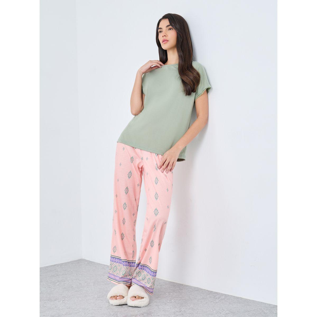 Styli Lace Trim Sleeve T-Shirt and Bored Print Geo Pyjama Set-women-clothing-nightwear-pyjamas-longsets-image-1