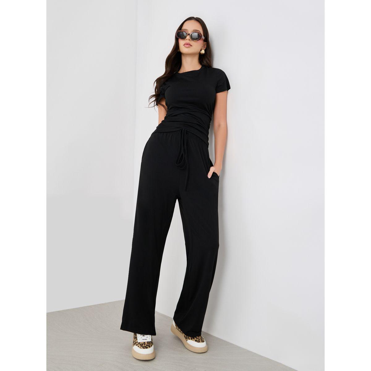 Styli Solid Ruched Detail T-Shirt and Wide Leg Joggers Co-Ords-women-clothing-coordsets-image-1