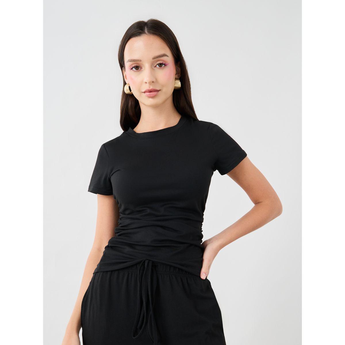 Styli Solid Ruched Detail T-Shirt and Wide Leg Joggers Co-Ords-women-clothing-coordsets-image-2
