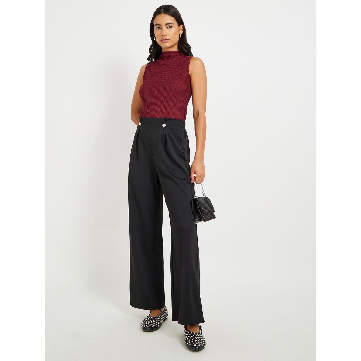 Styli Solid Waist Button Detail Wide Leg Trousers-women-clothing-bottoms-trousers-image-1