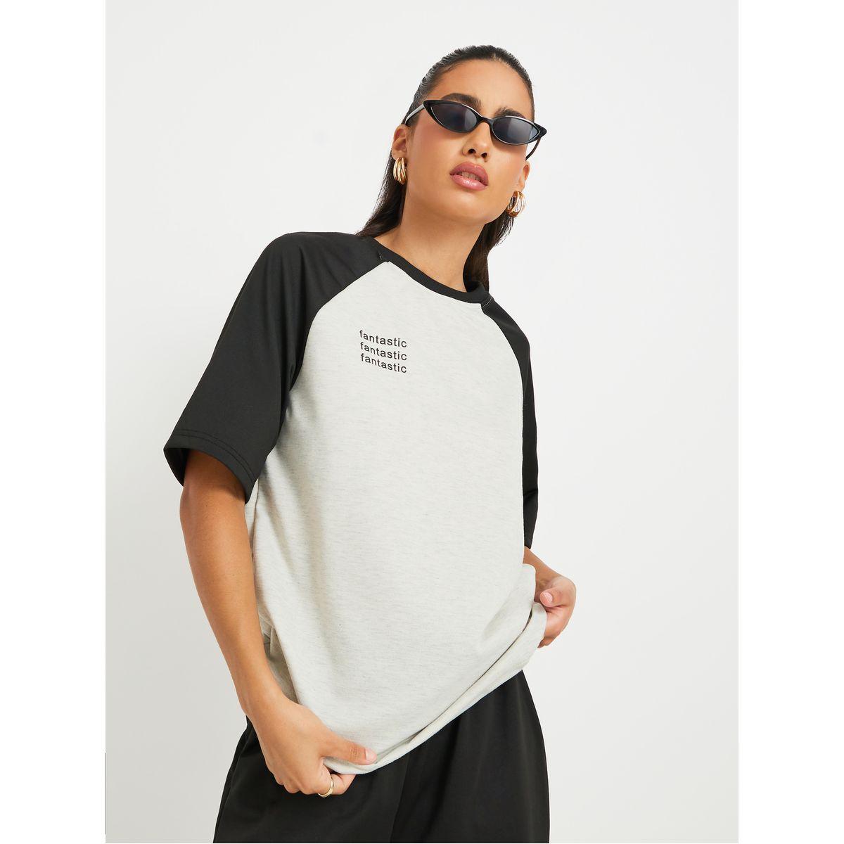 Styli Slogan Print Two Tone T-Shirt and Pants Co-Ords-women-clothing-coordsets-image-2
