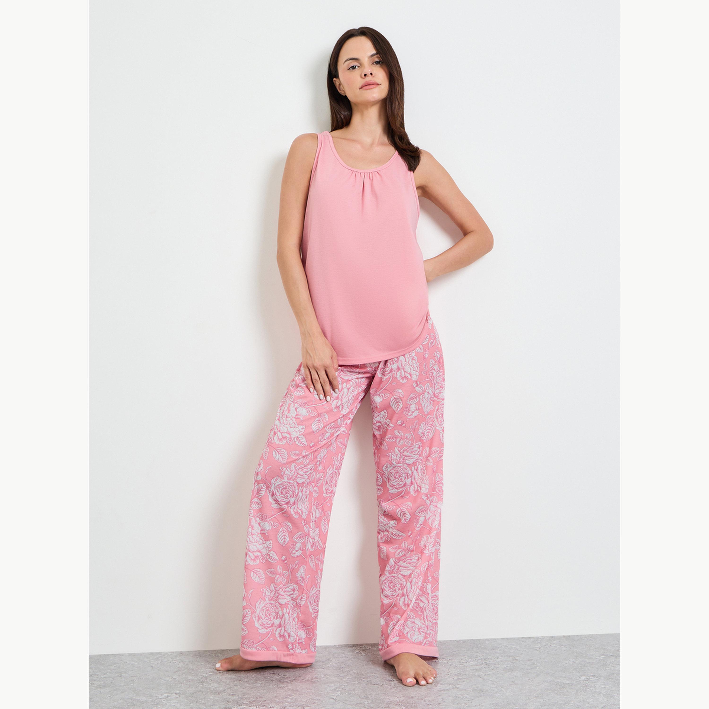 Styli Pink Gathered Swing Cami and Floral Print Pyjama Set-women-clothing-nightwear-pyjamas-longsets-image-1